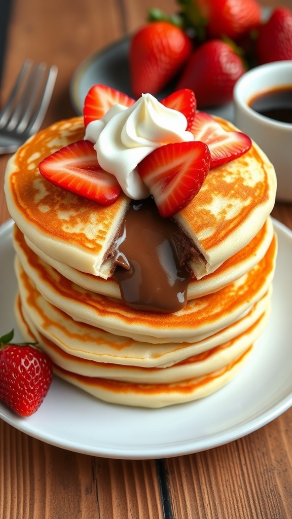 Fluffy pancakes stuffed with Nutella, topped with strawberries and whipped cream on a wooden table.